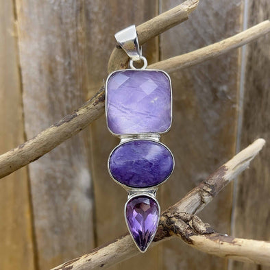 Triple Charoite & Amethyst Pendant