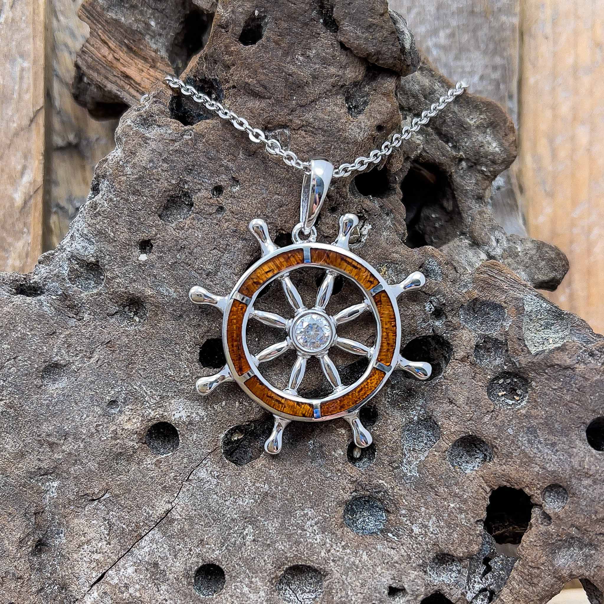 Alamea Koa Wood Ships Wheel Necklace