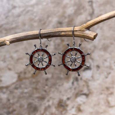 Alamea Koa Wood Ships Wheel Earrings