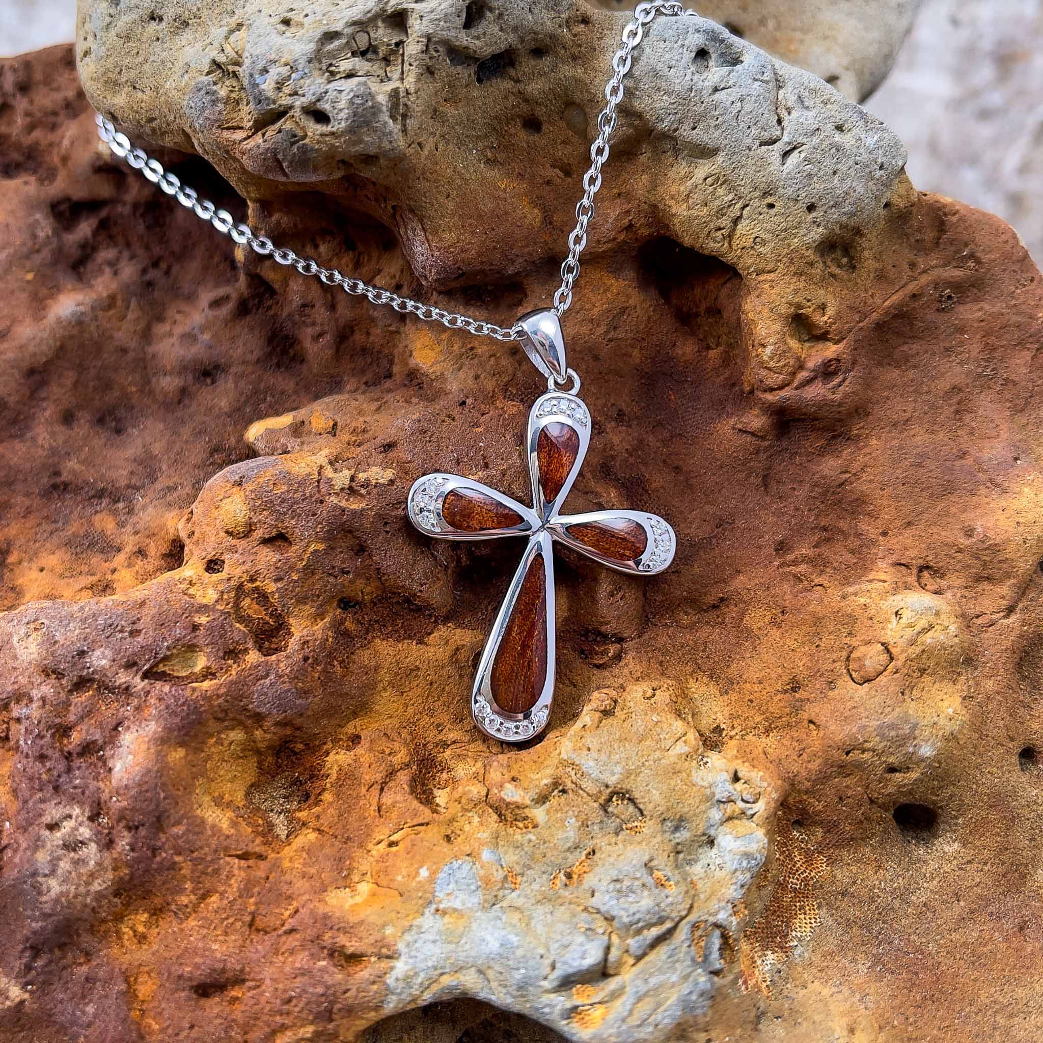 Sterling Silver Koa Cross Pendant | Royal Hawaiian Heritage Jewelry
