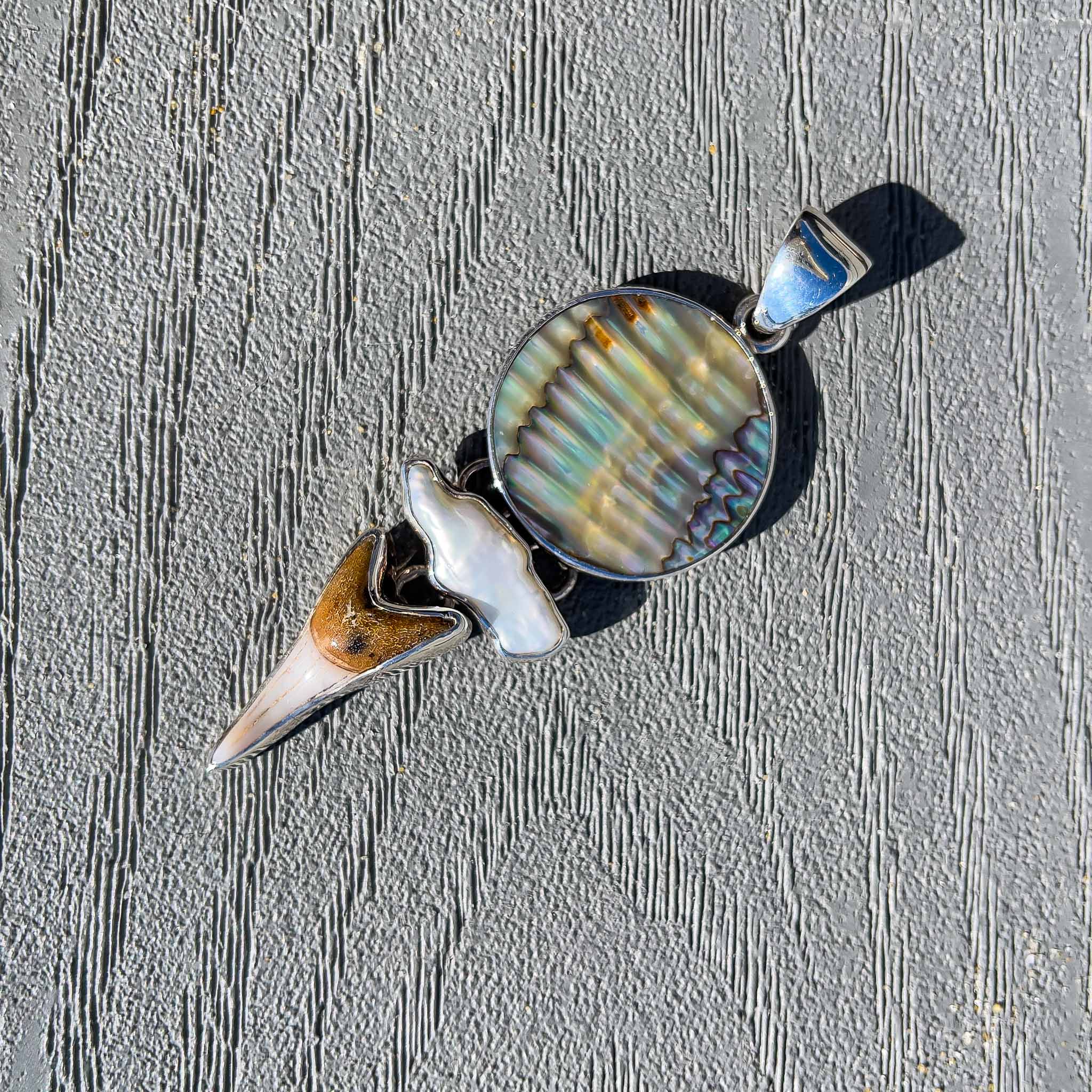 Abalone, Biwa Pearl and Shark Tooth Pendant - Main Image