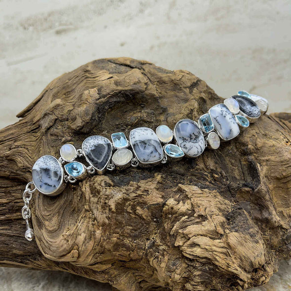 Dendritic Agate, Moonstone & Blue Topaz Bracelet