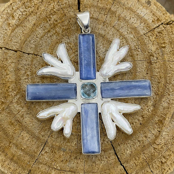 Kyanite, Blue Topaz, and Biwa Pearl Cross Pendant