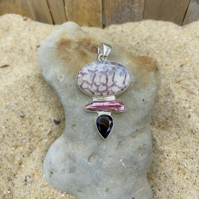 Triple Jasper, Biwa, and Garnet Pendant