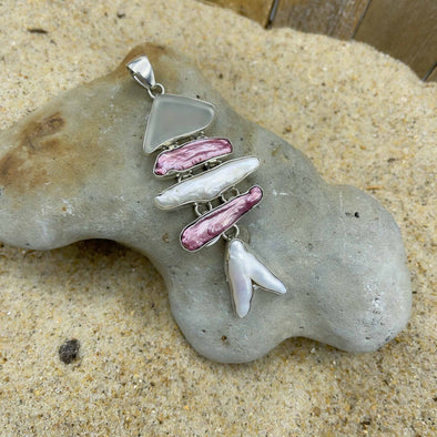 Sea Glass, Biwa Pearl, and Pink & White Fish Pendant