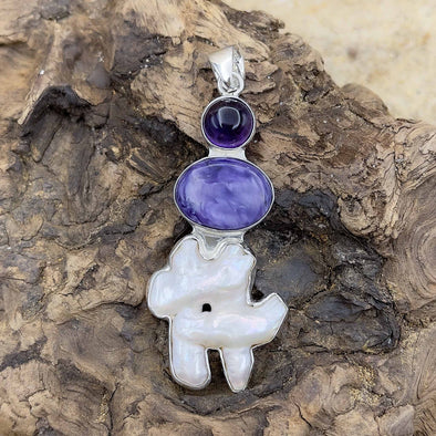 Cabochon Amethyst, Charoite & Biwa Pendant