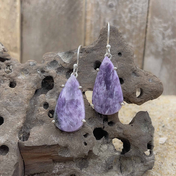 Prong Set Wide Teardrop Charoite Earrings