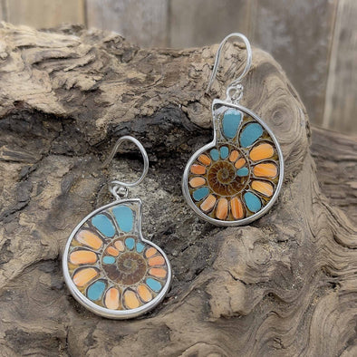 Spiny Oyster & Turquoise Inlay Ammonite Earrings