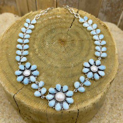 Larimar & Pearl Flower Necklace