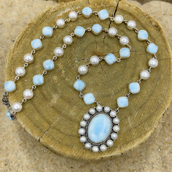 Larimar Portrait & Pearl Necklace