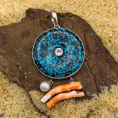 Coral, Pearl, Blue Topaz & Turquoise Pendant