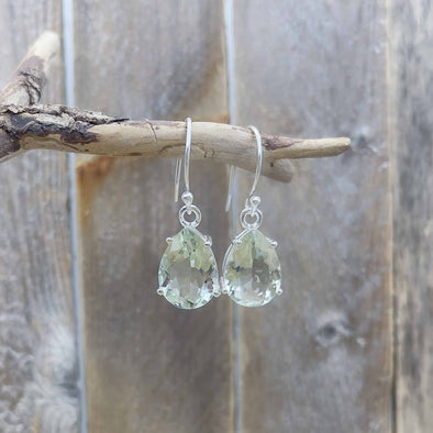 Green Amethyst Prong Set Teardrop Earrings
