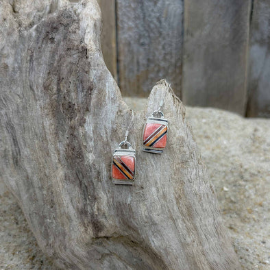 Pink Spiny Oyster & Onyx Square Earrings