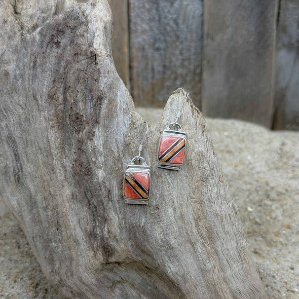 Pink Spiny Oyster & Onyx Square Earrings