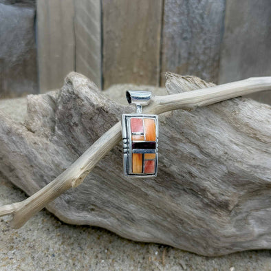 Inlaid Spiny Oyster & Onyx Long Rectangle Pendant