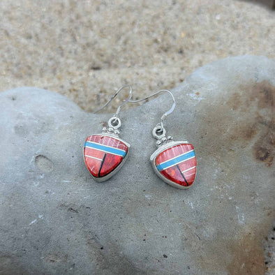 Red Orange Spiny Oyster & Turquoise Shield Earrings