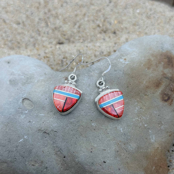 Red Orange Spiny Oyster & Turquoise Shield Earrings
