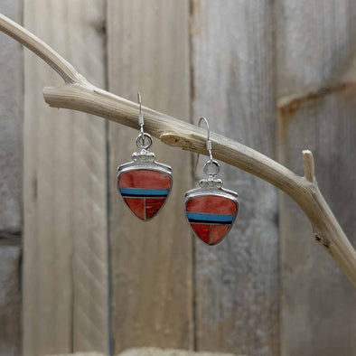 Red Orange Spiny Oyster & Turquoise Shield Earrings