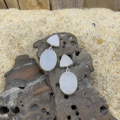 Light Grey Druzy Oval Dangle Earrings