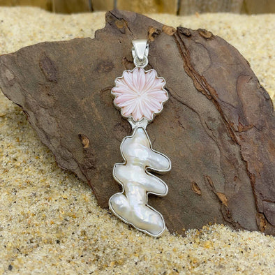 Mother of Pearl Carved Flower and Pink Jasper Pendant