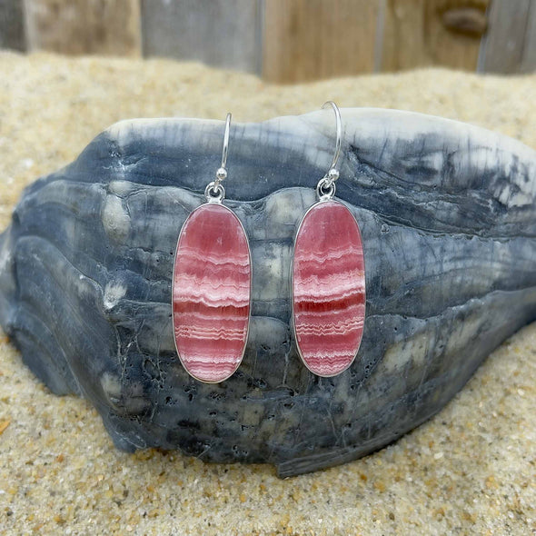 Rhodochrosite Long Oval Earrings