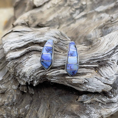 Half Hoop Earrings with Blue Spider Opal Inlay