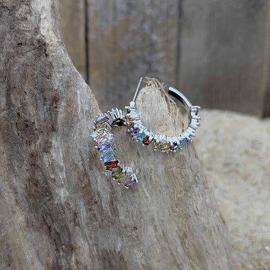 Silver Multi-Color CZ Hoop Earrings