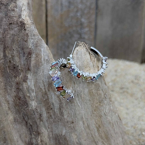 Silver Multi-Color CZ Hoop Earrings