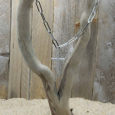 Silver Long Link Cross Pavé Necklace