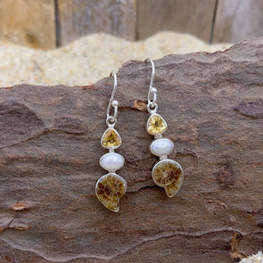 Ammonite, Pearl & Yellow Topaz Earrings