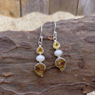 Ammonite, Pearl & Yellow Topaz Earrings