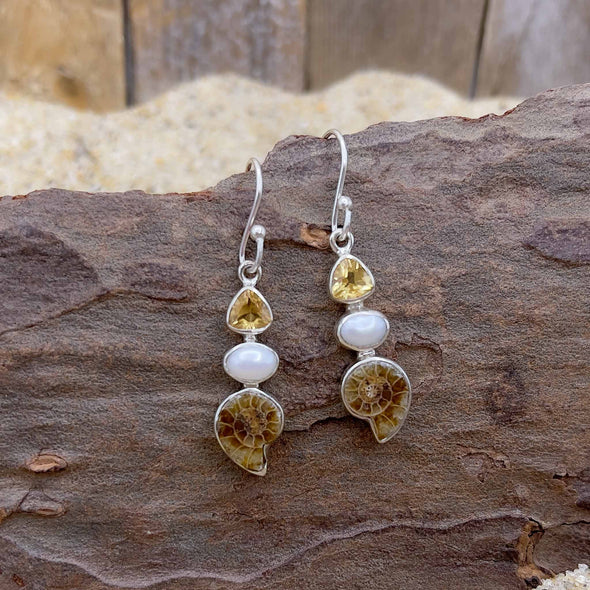 Ammonite, Pearl & Yellow Topaz Earrings