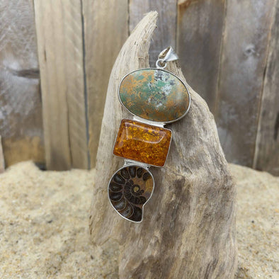 Chrysoprase, Amber & Ammonite Pendant