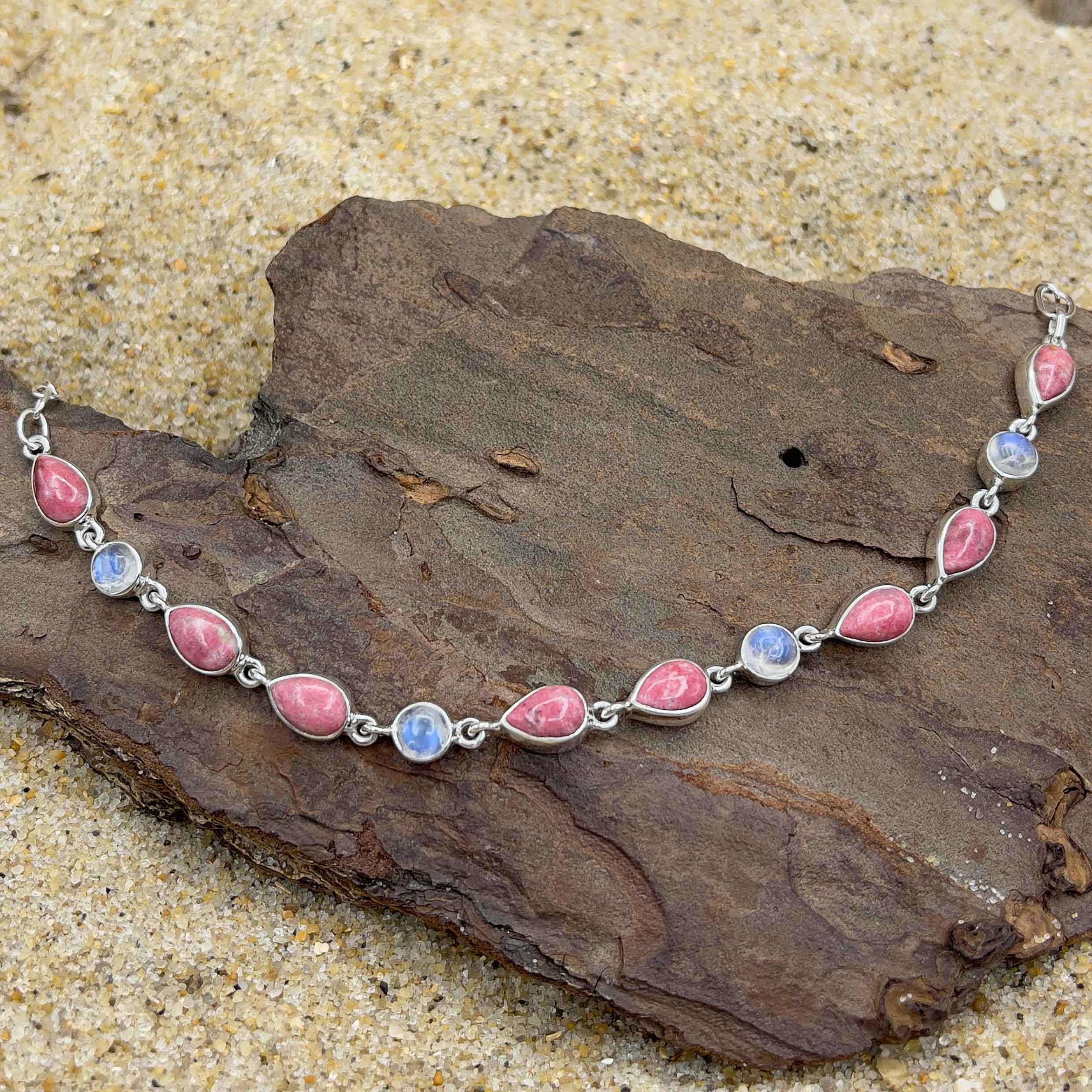 Pink Thulite Moonstone Circles Bracelet