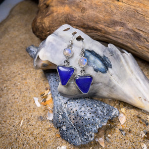 Cobalt Beach Glass and Moonstone Artisan Earrings