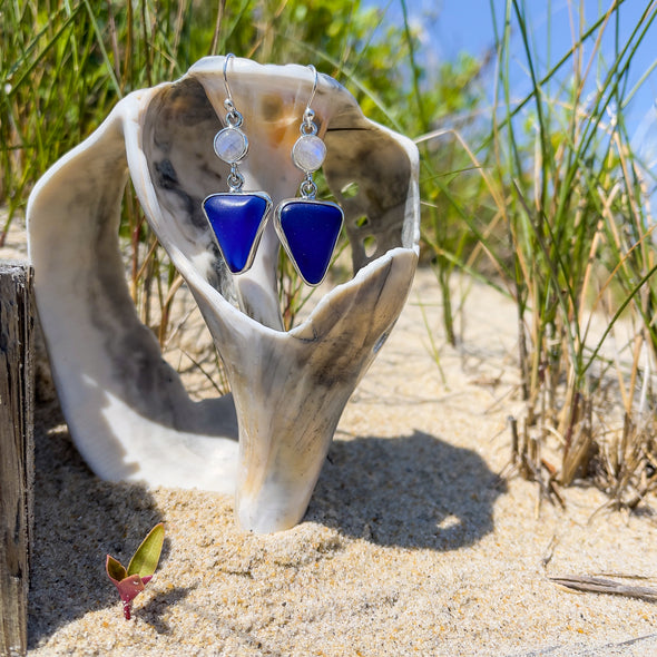 Cobalt Beach Glass and Moonstone Artisan Earrings