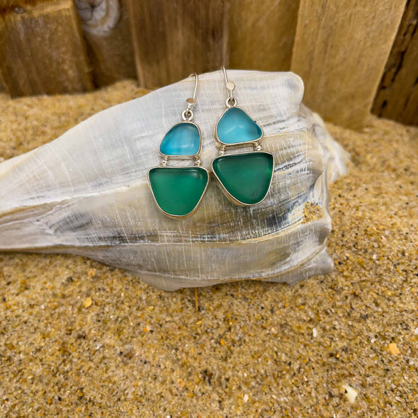 Turquoise & Green Seaglass Dangle Earrings