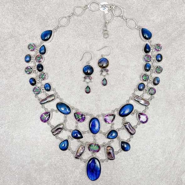 Mystic Topaz, Biwa Pearl and Laborite Necklace & Earring Set