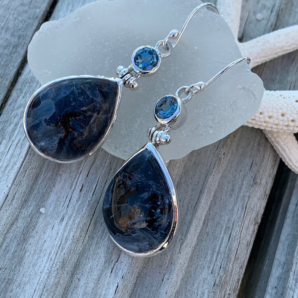Pietersite and Blue Topaz Earrings - BEACH TREASURES ONLINE