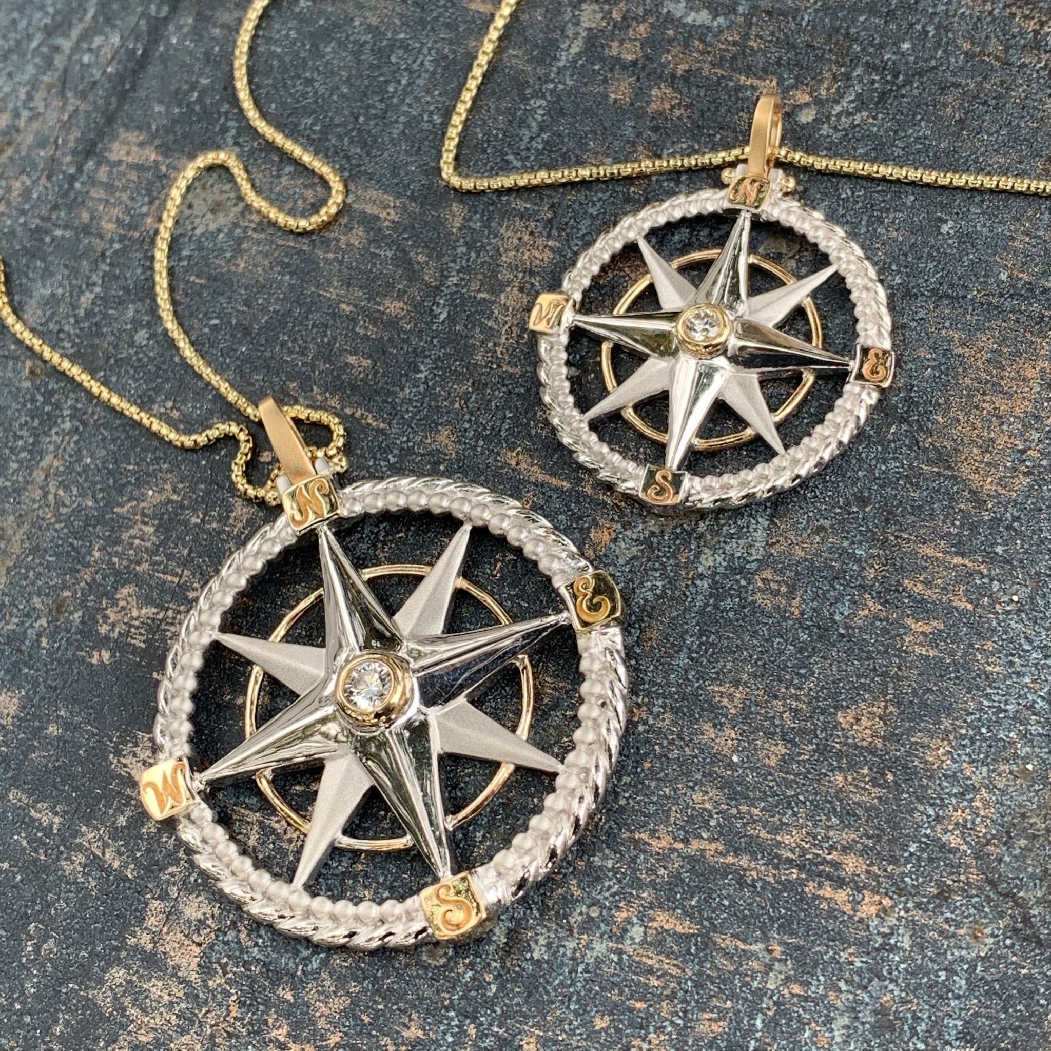 Sterling Silver and Gold Compass Rose Pendant with Diamond