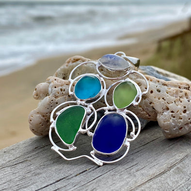 Sea Glass and Moonstone Artisan Pendant