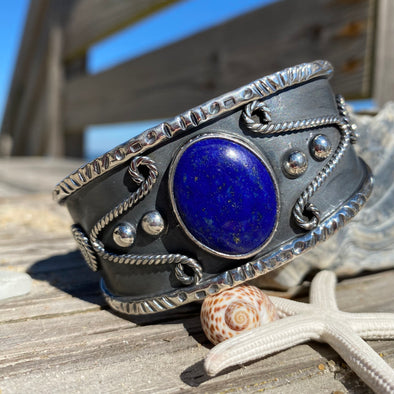 Sterling Silver Tufa Sandstone Bracelet with Natural Lapis Stone by Ma –  Winter Sun Trading Co.