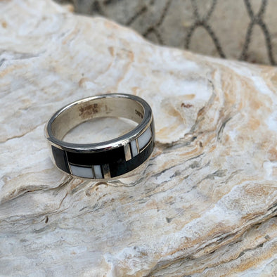 Native American Onyx and White Shell Men's Ring | Men's Gemstone Jewelry - BEACH TREASURES ONLINE