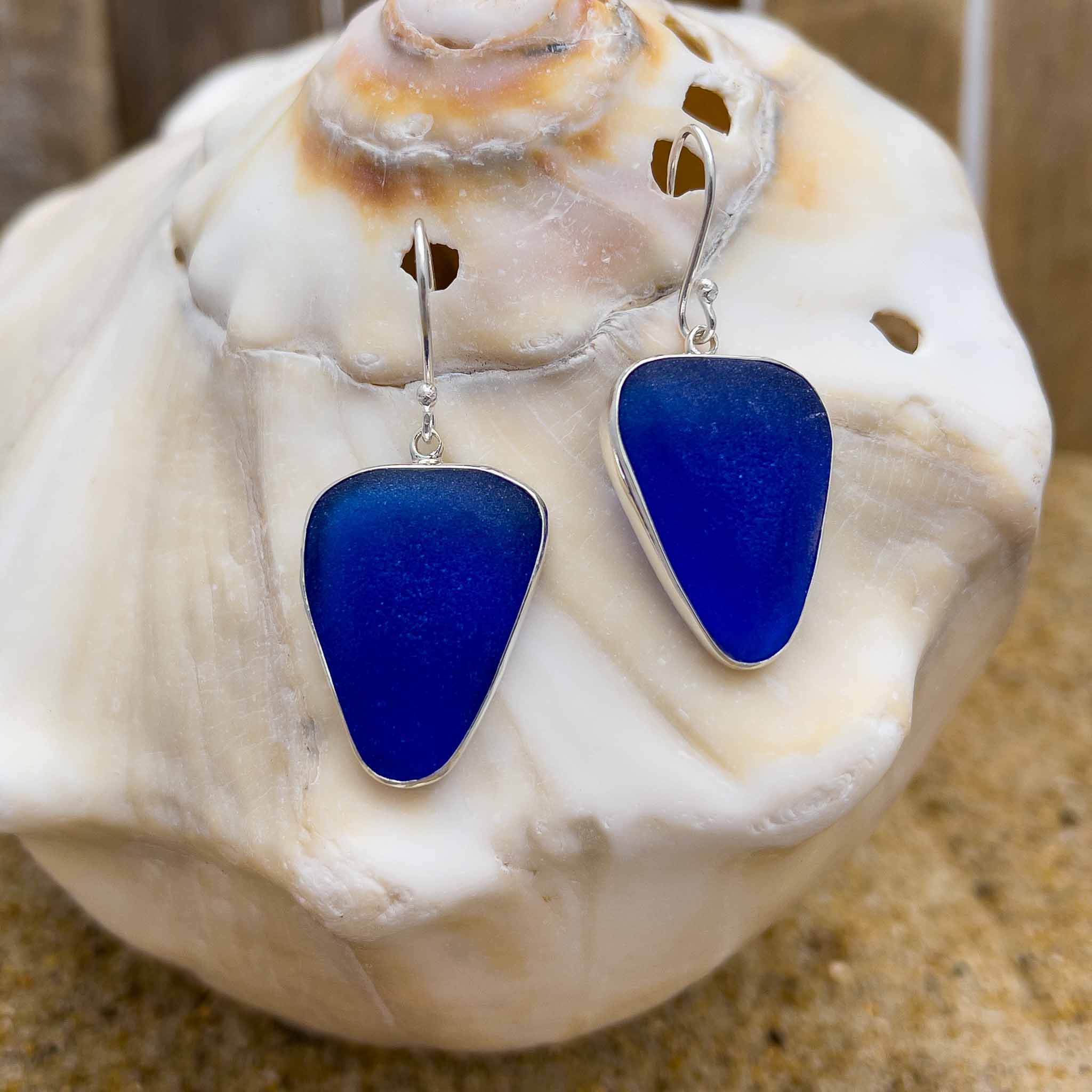Whitecap sea glass earrings in cobalt blue  Sea Glass Designs
